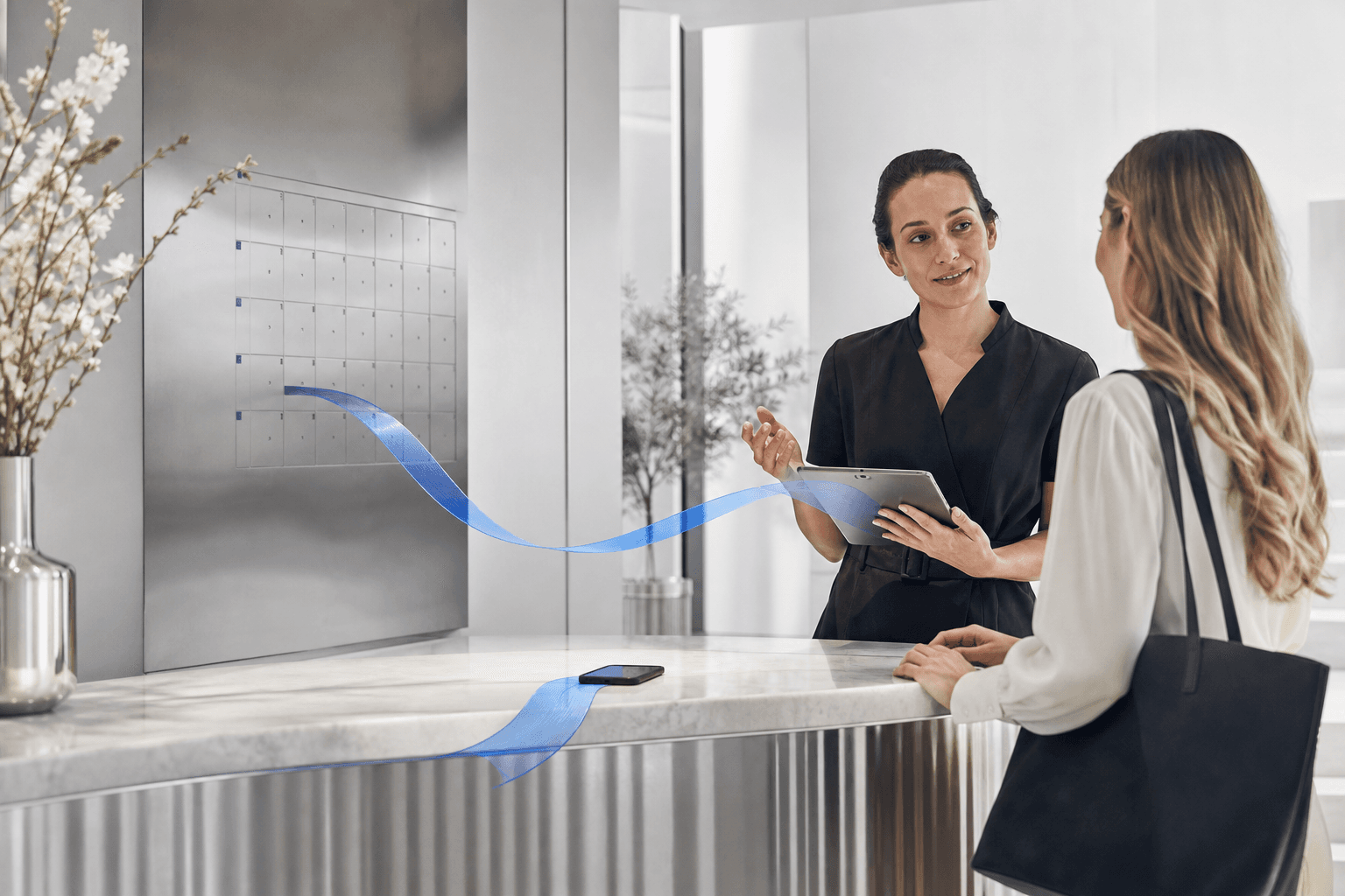 A customer welcomed by a service manager while one cobalt flow connects the conversation to the next action